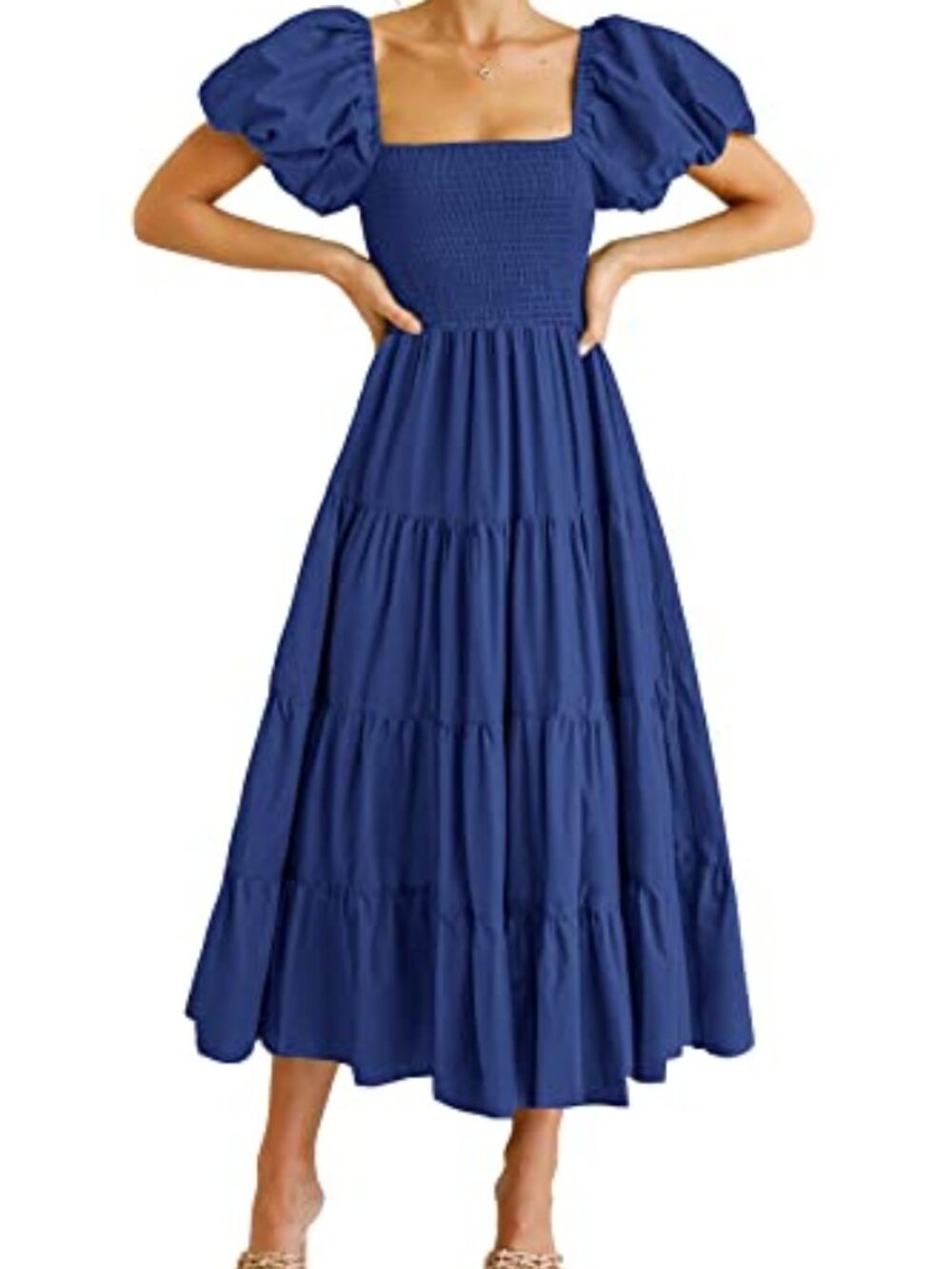 🆕 Womens Casual Summer Midi Dress Puffy Short Sleeve Square Neck Smocked - Blue